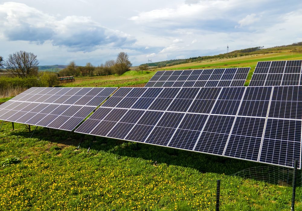 Aerial view of blue photovoltaic solar panels mounted on backyard ground