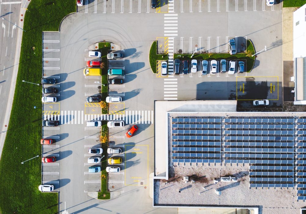 Grocery store with solar panels and plenty of parking spots