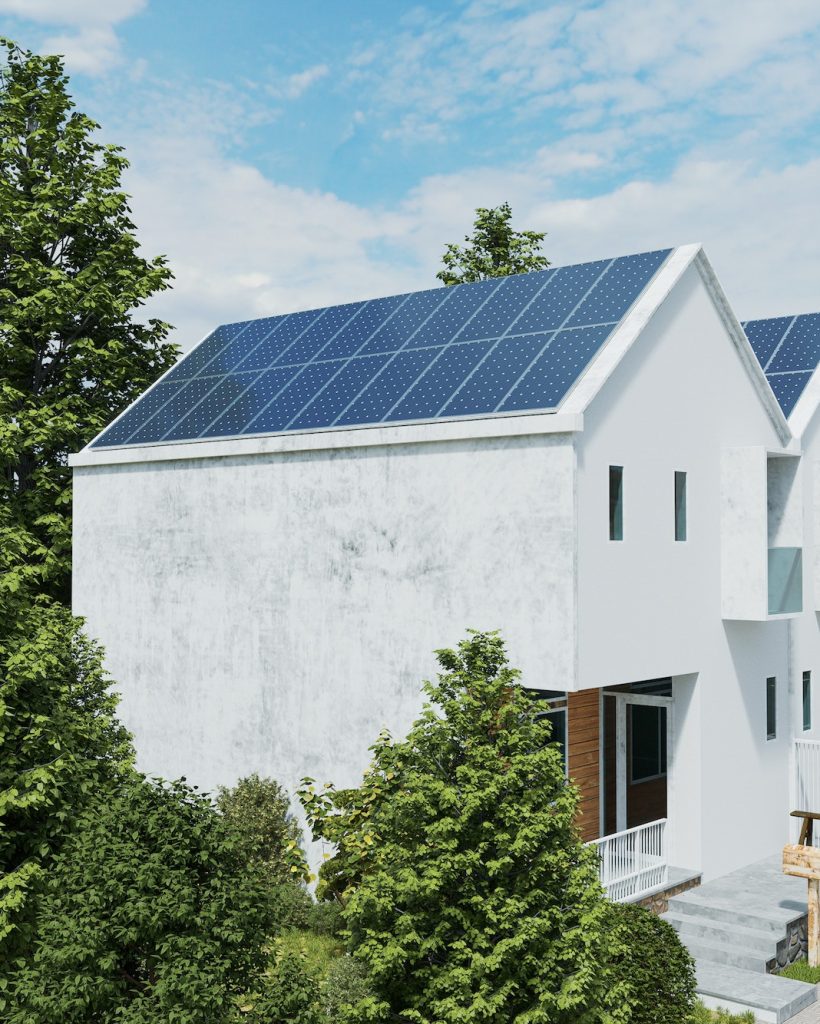 Solar panels on the roof of the modern house